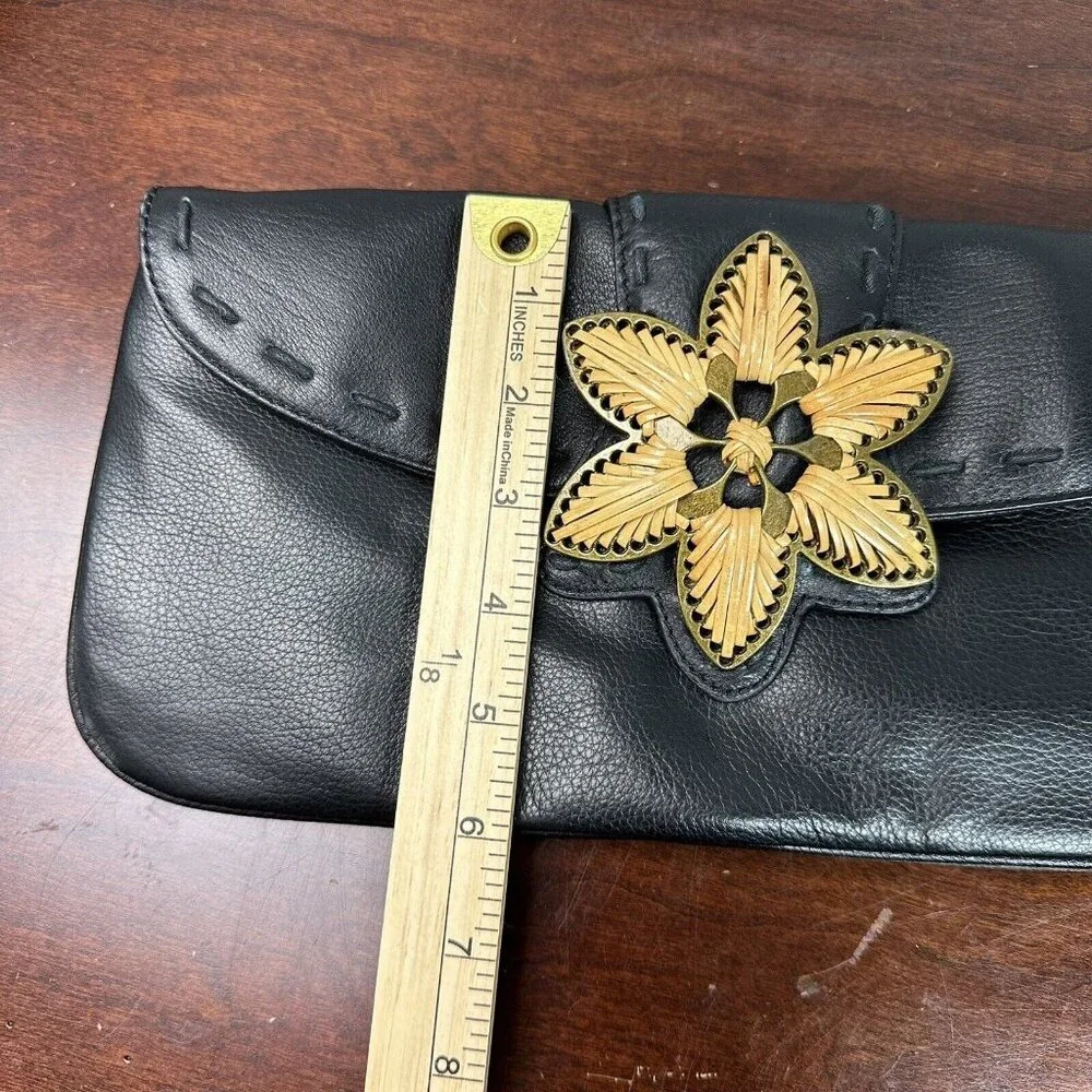 Coldwater Creek Women's Boho Leather Metal Cane Flower Clutch Bag Black Tan NWOT